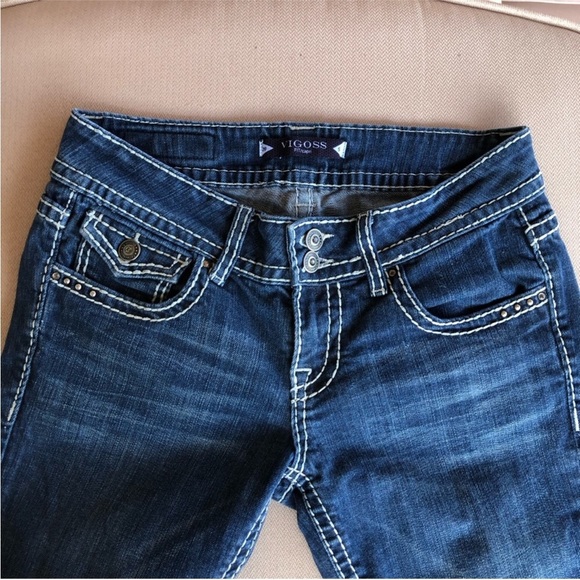 Vigoss Tick Stitch Ring-stone button flap embellished back Pocket Capri Jeans 28 - Picture 6 of 16